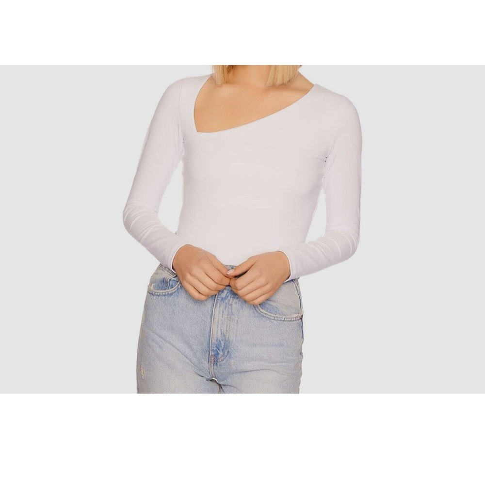 Susana Monaco Womens White Long Sleeve Asymmetrical Neck Blouse Top Size Large